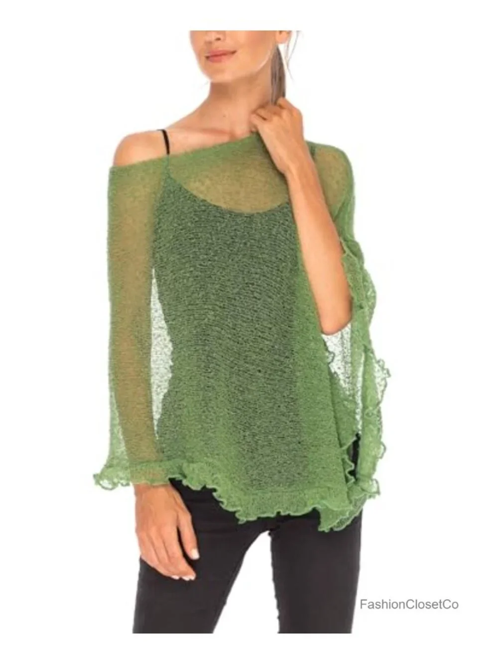 Sheer Knit Poncho Shrug Lightweight Asymmetrical Ruffle Wrap Dressy Summer
